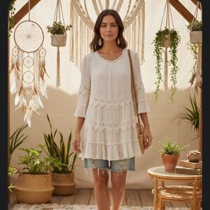 Indigo Soul Boho Crochet Tiered Tunic Top Cream Medium Gauze Bell Sleeve